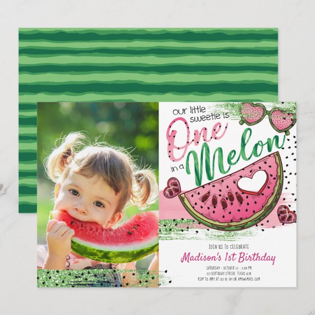 Cute Pink Green One In A Melon Birthday Photo Invitation (Front/Back)