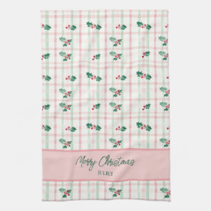 Cute Pink Green Retro Christmas Tea Towel
