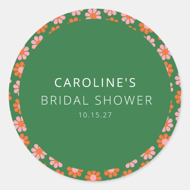 Cute Pink Green Retro Flowers Bridal Shower Custom Classic Round Sticker (Front)