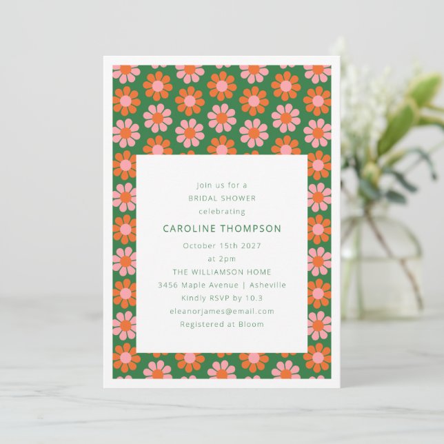 Cute Pink Green Retro Preppy Flowers Bridal Shower Invitation (Standing Front)