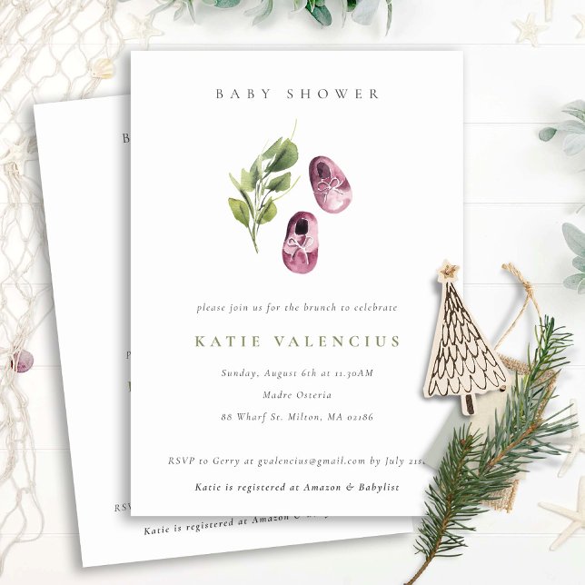 Cute Pink Green Shoes Foliage Girl Baby Shower Invitation (Creator Uploaded)