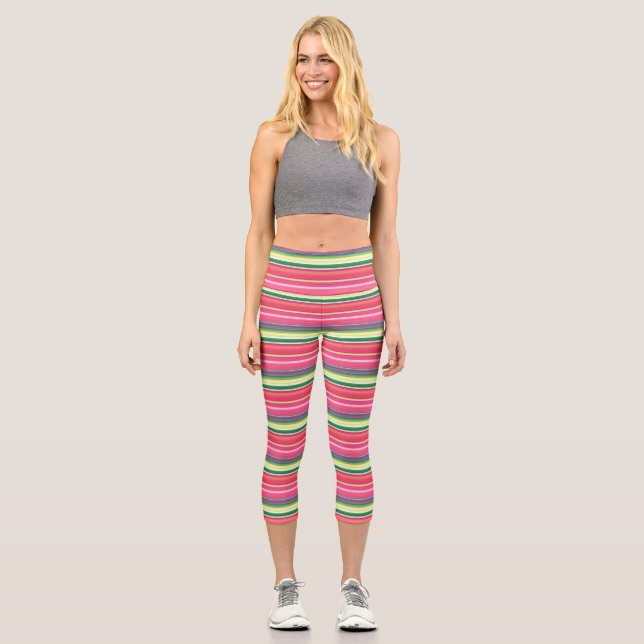 Cute pink green stripes capri leggings (Front)