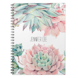 Cute pink green succulents and your name on notebook