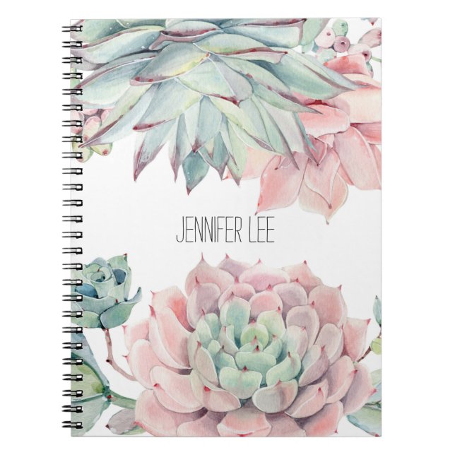 Cute pink green succulents and your name on  notebook (Front)