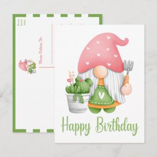 Cute Pink Green Watercolor Cartoon Gnome Birthday Postcard