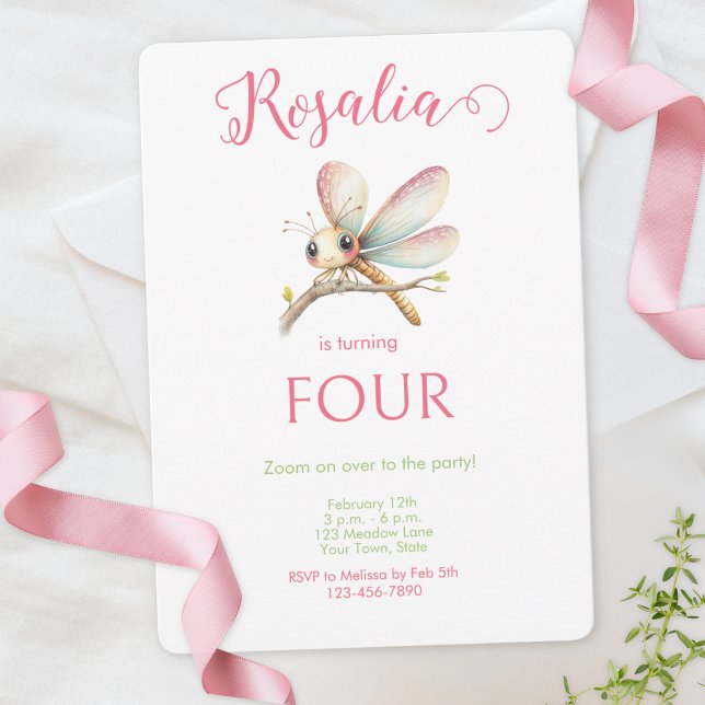 Cute Pink Green Watercolor Dragonfly Girl Birthday Invitation (Creator Uploaded)