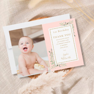 Cute Pink Greenery 1st Birthday Photo Thank You Card