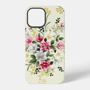 cute pink grey and yellow flowers with green leave iPhone 12 case
