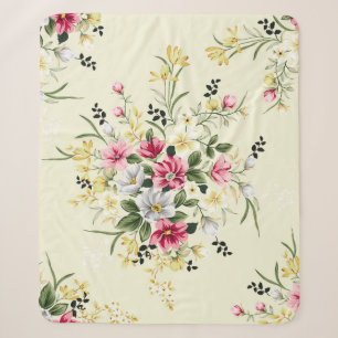 cute pink grey and yellow flowers with green leave sherpa blanket