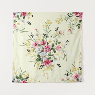 cute pink grey and yellow flowers with green leave tapestry