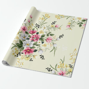 cute pink grey and yellow flowers with green leave wrapping paper