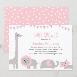 Cute Pink Grey Animals Baby Shower Invitation Girl