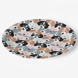 Cute Pink Grey Black Brown Puppy Dogs Illustration Paper Plate
