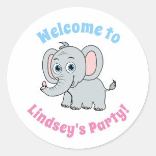 Cute Pink & Grey Blue Eyed Cartoon Elephant  Classic Round Sticker