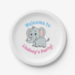 Cute Pink & Grey Blue Eyed Cartoon Elephant Paper  Plate