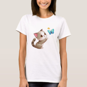 Cute Pink Grey Brown Cat Blue Butterfly Black Star T-Shirt