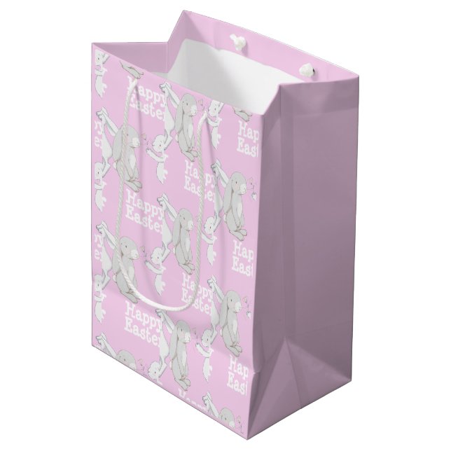 Cute Pink Grey Bunny Happy Easter Gift  Medium Gift Bag (Front Angled)