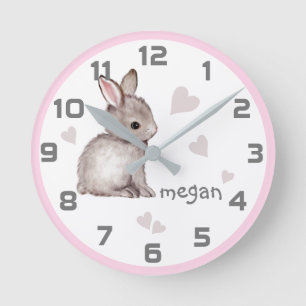 Cute Pink Grey Bunny Heart Wall Clock