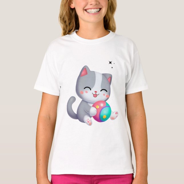 Cute Pink Grey Cats Playing Ball Black Stars T-Shirt (Front)