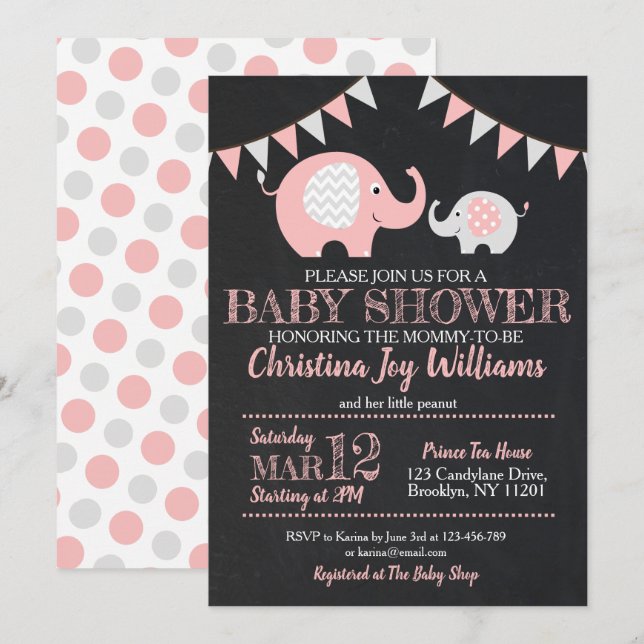 Cute Pink Grey Elephant Baby Shower Invitation (Front/Back)