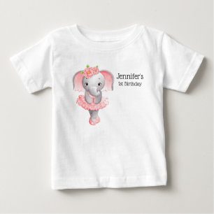 Cute Pink & Grey Elephant Ballerina Birthday Baby T-Shirt