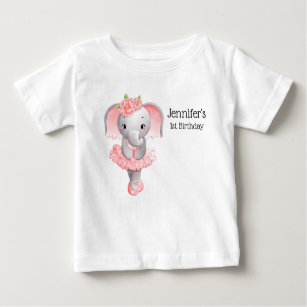Cute Pink & Grey Elephant Ballerina Birthday Baby T-Shirt