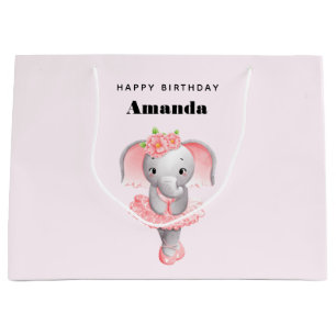 Cute Pink & Grey Elephant Ballerina Birthday Large Gift Bag