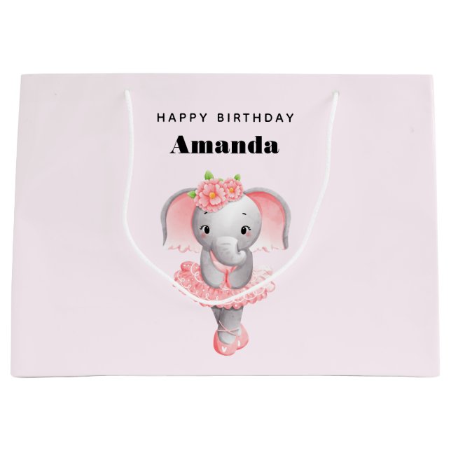 Cute Pink & Grey Elephant Ballerina Birthday Large Gift Bag (Front)