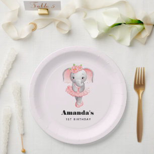 Cute Pink & Grey Elephant Ballerina Birthday Paper Plate