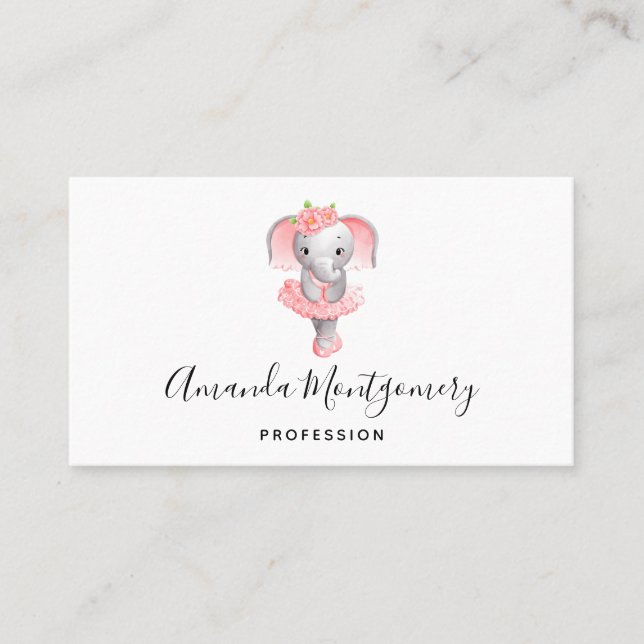 Cute Pink & Grey Elephant Ballerina Business Card (Front)