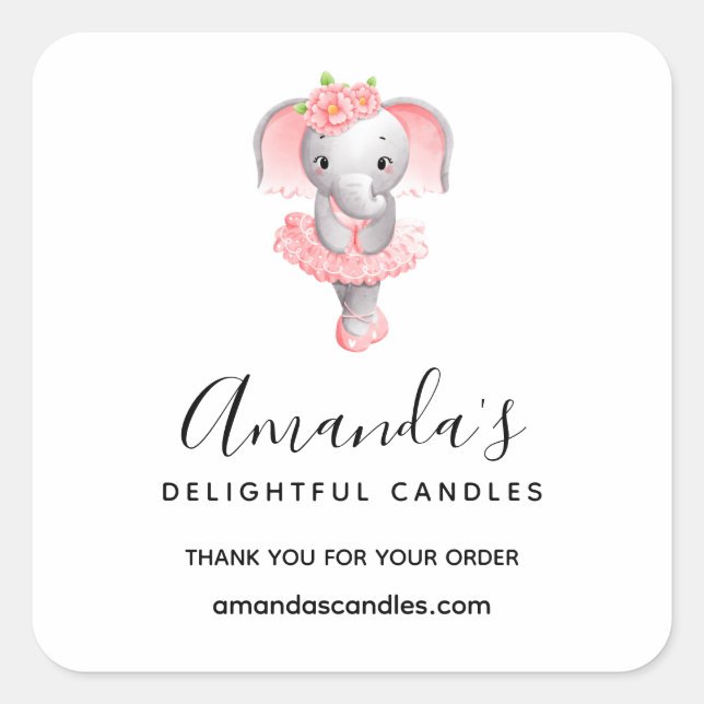 Cute Pink & Grey Elephant Ballerina Business Square Sticker (Front)