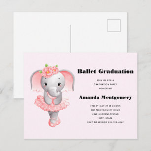 Cute Pink & Grey Elephant Ballerina Graduation Invitation Postcard