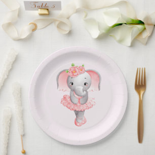 Cute Pink & Grey Elephant Ballerina Paper Plate