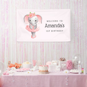 Cute Pink & Grey Elephant Ballerina Party Welcome Banner