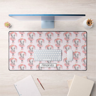 Cute Pink & Grey Elephant Ballerina Pattern Desk Mat