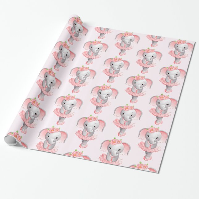 Cute Pink & Grey Elephant Ballerina Pattern Wrapping Paper (Unrolled)