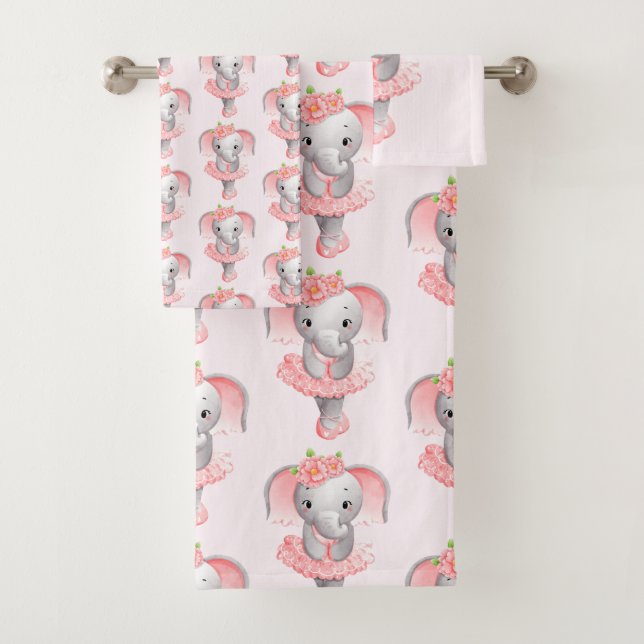 Cute Pink & Grey Elephant Ballerina Patterned Bath Towel Set (Insitu)