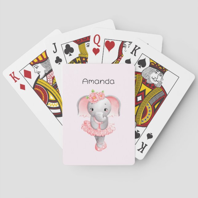 Cute Pink & Grey Elephant Ballerina Playing Cards (Back)