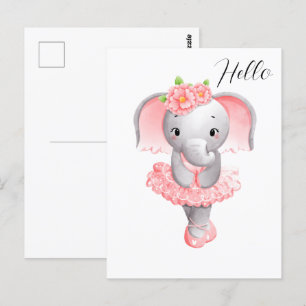 Cute Pink & Grey Elephant Ballerina Postcard
