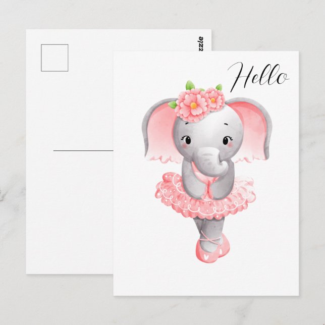 Cute Pink & Grey Elephant Ballerina Postcard (Front/Back)