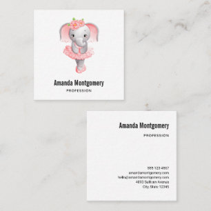 Cute Pink & Grey Elephant Ballerina Square Business Card