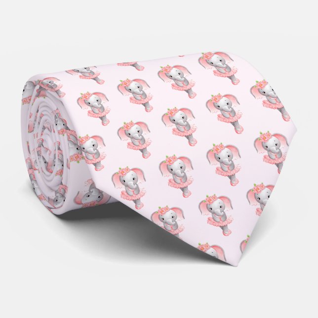 Cute Pink & Grey Elephant Ballerina Tie (Rolled)