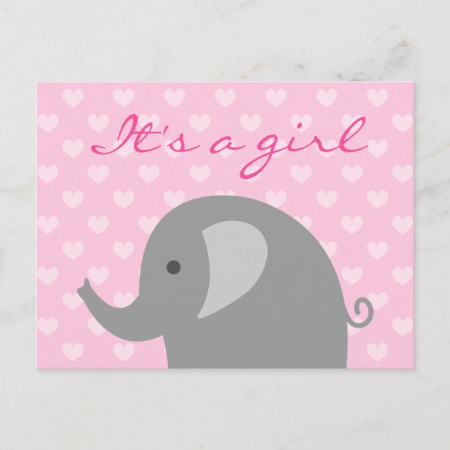 Cute pink & grey elephant birth announcement card (Front)