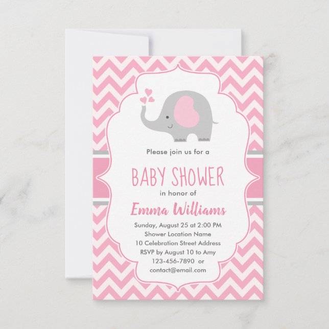 Cute Pink Grey Elephant Girl Baby Shower Invitation (Front)