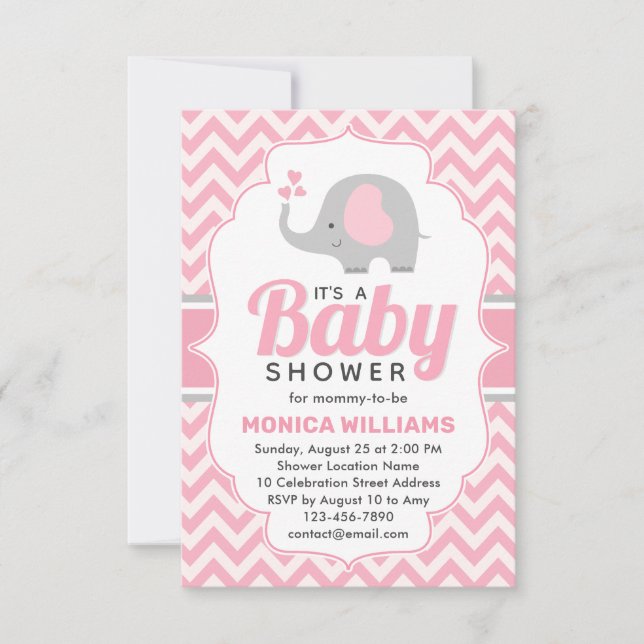 Cute Pink Grey Elephant Girl Baby Shower Invitation (Front)
