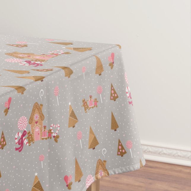 Cute Pink Grey Gingerbread Candy Canes Tablecloth (In Situ)