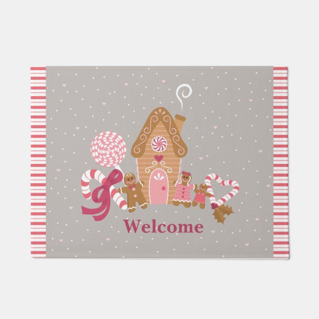 Cute Pink Grey Gingerbread Candy Door Mat (Front)