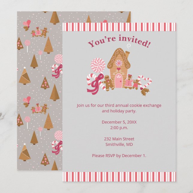 Cute Pink Grey Gingerbread Candy Invitation (Front/Back)