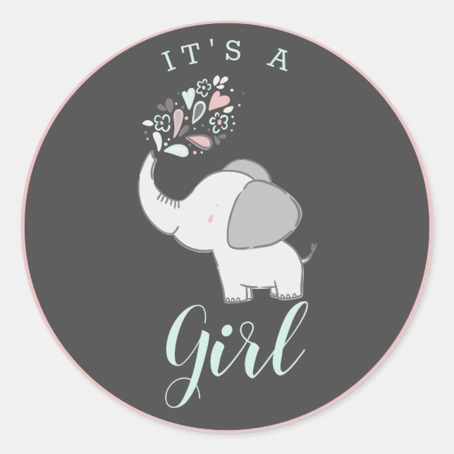 Cute Pink Grey & Mint Elephant It's a Girl Favour Classic Round Sticker (Front)