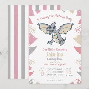 Cute Pink Grey Tan Dinosaur Kid's Birthday Party Invitation